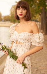 Yellow Small Floral Dress with Chest Belt, Knee-length - By Quaint